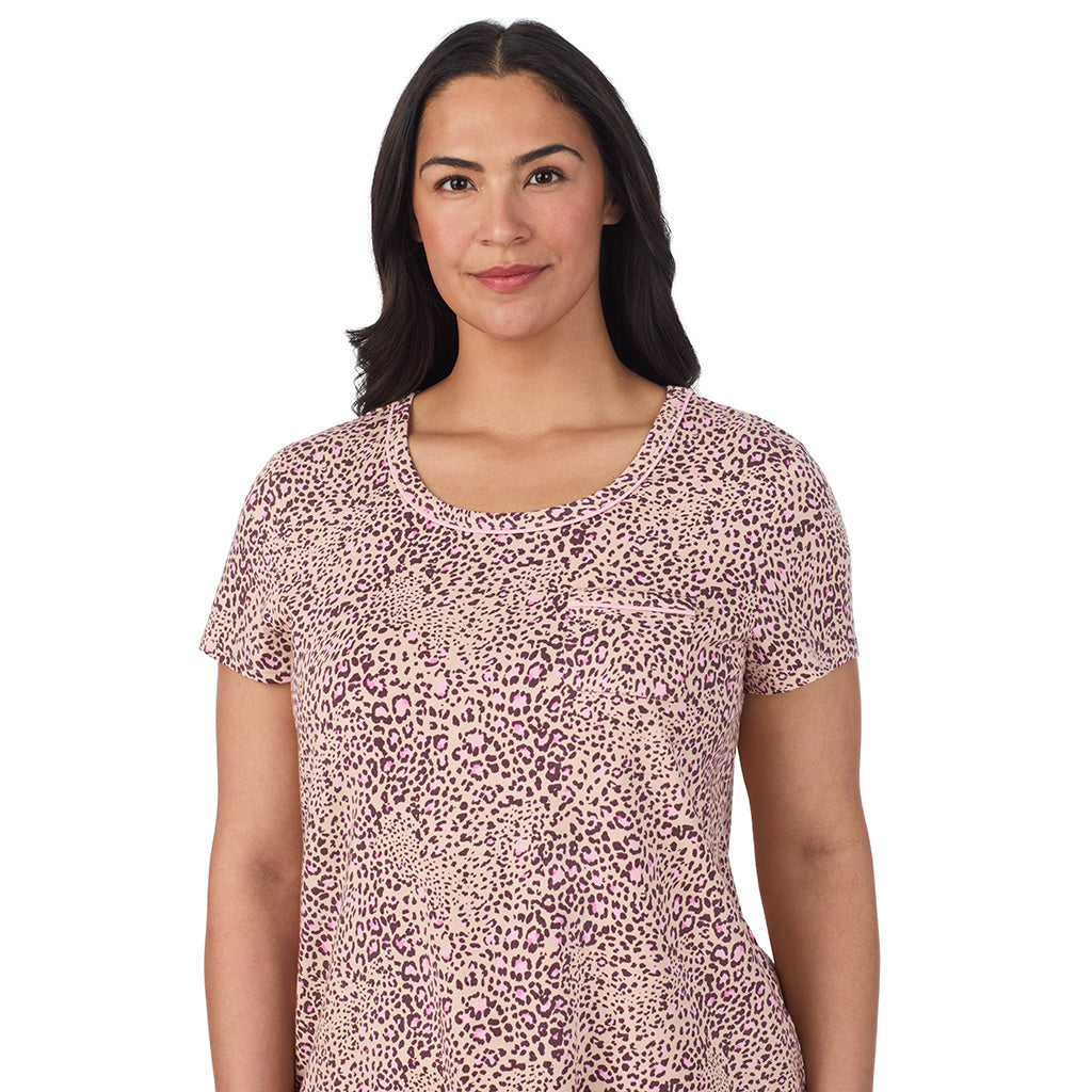 A lady wearing a Leopard Animal Cotton Rich Short Sleeve Top with Cropped Pant Pajama Set PLUS
