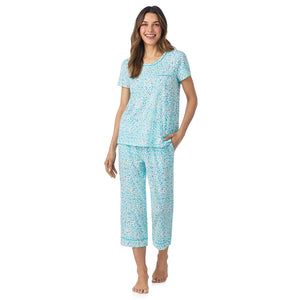  A lady wearing Cotton-Blend Short Sleeve Top and Cropped Pant Pajama Set in Teal Heart Animal posing front view pose
