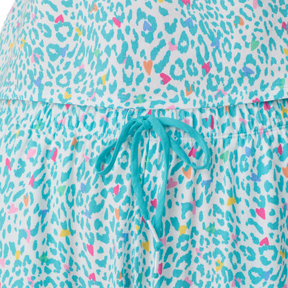  A lady wearing Cotton-Blend Short Sleeve Top and Cropped Pant Pajama Set in Teal Heart Animal posing detail close up view pose