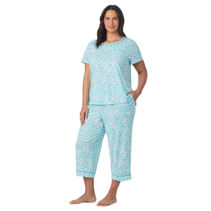  A Plus size lady wearing Cotton-Blend Sleeveless Sleep Midi-Gown PLUS in Teal Heart Animal posing side angle view pose