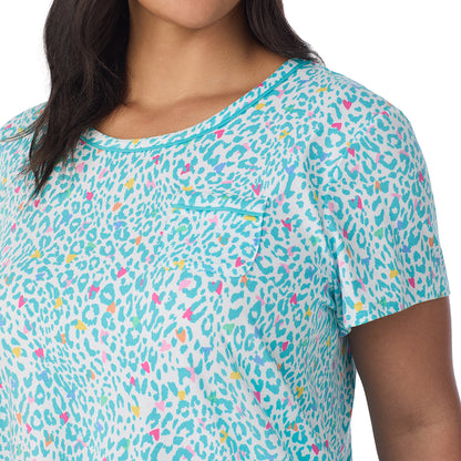  A Plus size lady wearing Cotton-Blend Sleeveless Sleep Midi-Gown PLUS in Teal Heart Animal posing front close up view pose