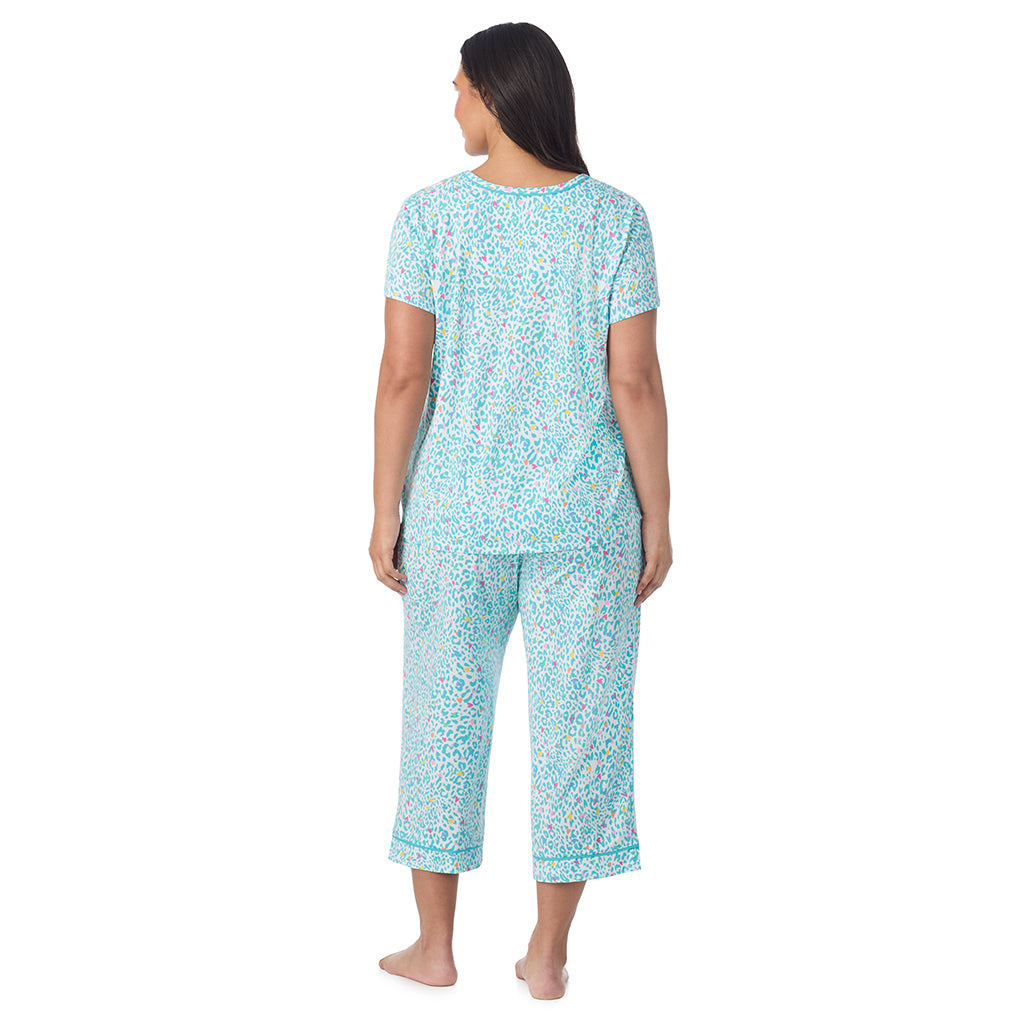  A Plus size lady wearing Cotton-Blend Sleeveless Sleep Midi-Gown PLUS in Teal Heart Animal posing back view pose