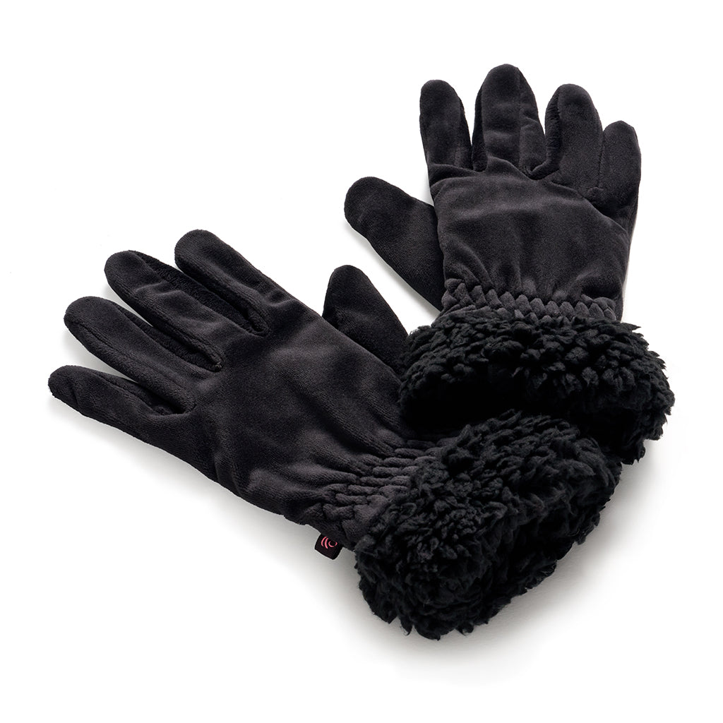 Black; @Double Plush Velour and Faux Fur Gloves with Sherpa Cuff