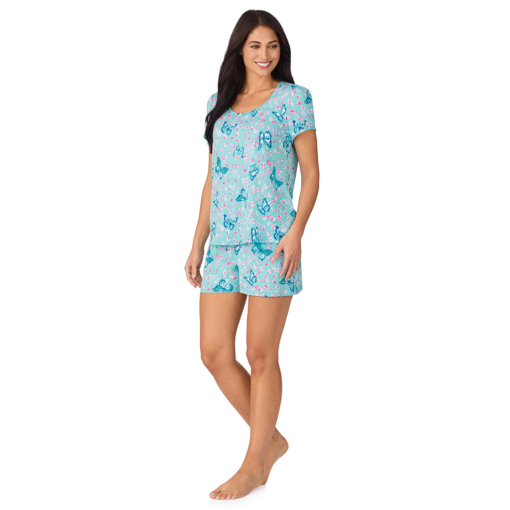 Aqua Butterfly; Model is wearing size S. She is 5'8.5", Bust 32", Waist 25", Hips 36". @A lady wearing Cotton-Blend Short Sleeve Top with Short Pajama Set in Aqua Butterfly
