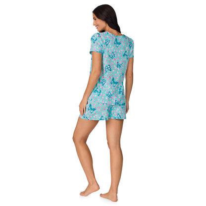 A lady wearing Cotton-Blend Short Sleeve Top with Short Pajama Set in Aqua Butterfly