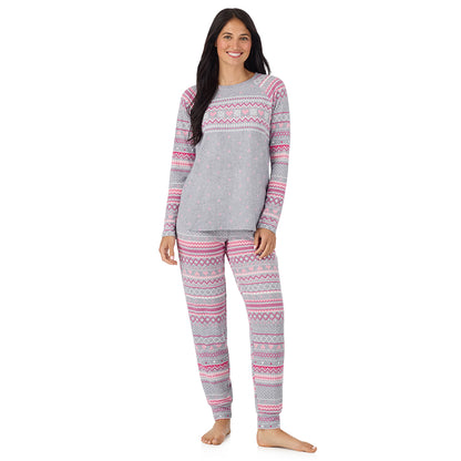  A lady wearing Grey Heart Fairisle Brushed Sweater Knit Long Sleeve Jogger Pajama Set in a front view pose