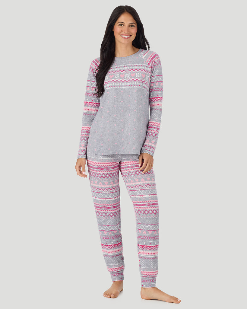  A lady wearing Grey Heart Fairisle Brushed Sweater Knit Long Sleeve Jogger Pajama Set in a front view pose