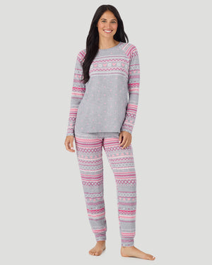  A lady wearing Grey Heart Fairisle Brushed Sweater Knit Long Sleeve Jogger Pajama Set in a front view pose