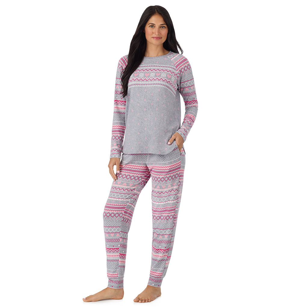 Grey Heart Fairisle; Model is wearing size S. She is 5'8.5", Bust 32", Waist 25", Hips 36". @ A lady wearing Grey Heart Fairisle Brushed Sweater Knit Long Sleeve Jogger Pajama Set in a front view standing pose