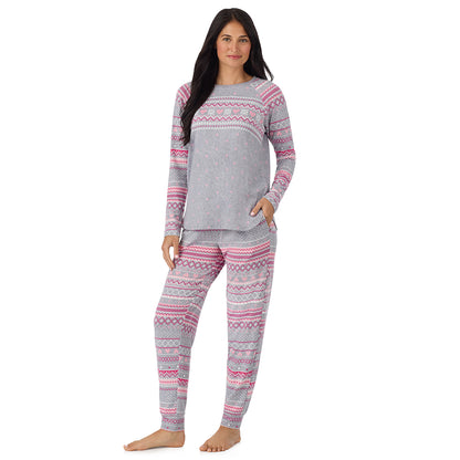  A lady wearing Grey Heart Fairisle Brushed Sweater Knit Long Sleeve Jogger Pajama Set in a front view standing pose