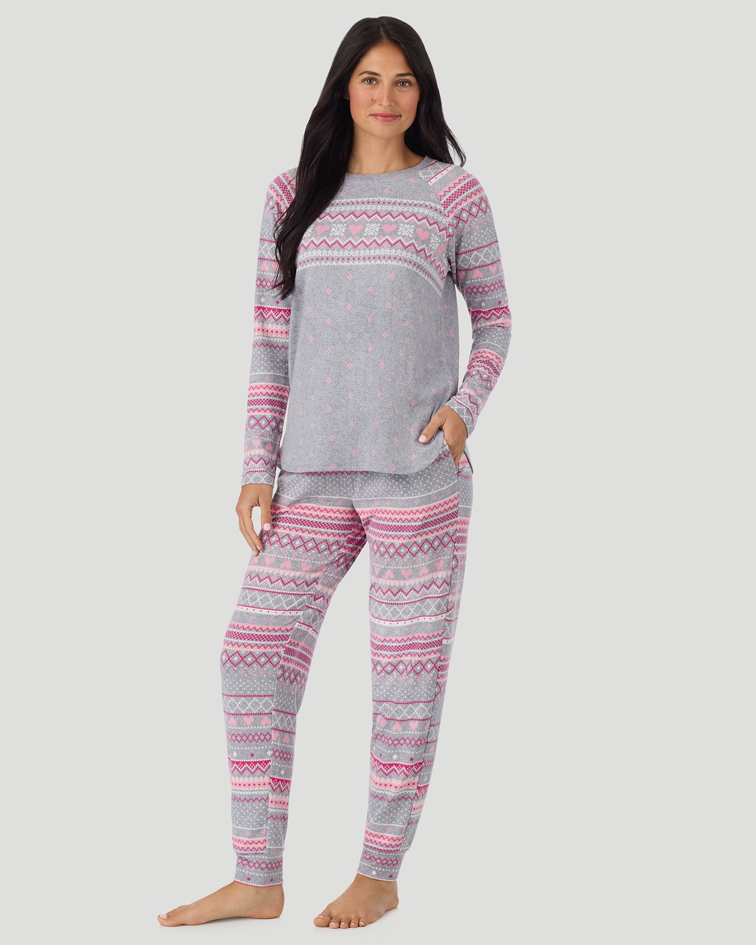 Grey Heart Fairisle; Model is wearing size S. She is 5'8.5", Bust 32", Waist 25", Hips 36". @ A lady wearing Grey Heart Fairisle Brushed Sweater Knit Long Sleeve Jogger Pajama Set in a front view pose