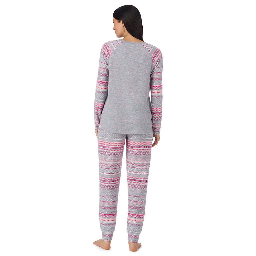 Grey Heart Fairisle; Model is wearing size S. She is 5'8.5", Bust 32", Waist 25", Hips 36". @ A lady wearing Grey Heart Fairisle Brushed Sweater Knit Long Sleeve Jogger Pajama Set in a back view pose