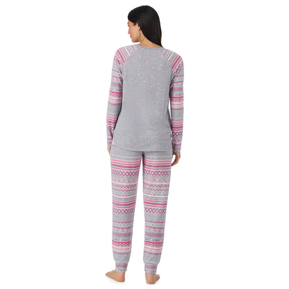  A lady wearing Grey Heart Fairisle Brushed Sweater Knit Long Sleeve Jogger Pajama Set in a back view pose
