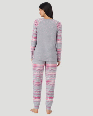  A lady wearing Grey Heart Fairisle Brushed Sweater Knit Long Sleeve Jogger Pajama Set in a back view pose
