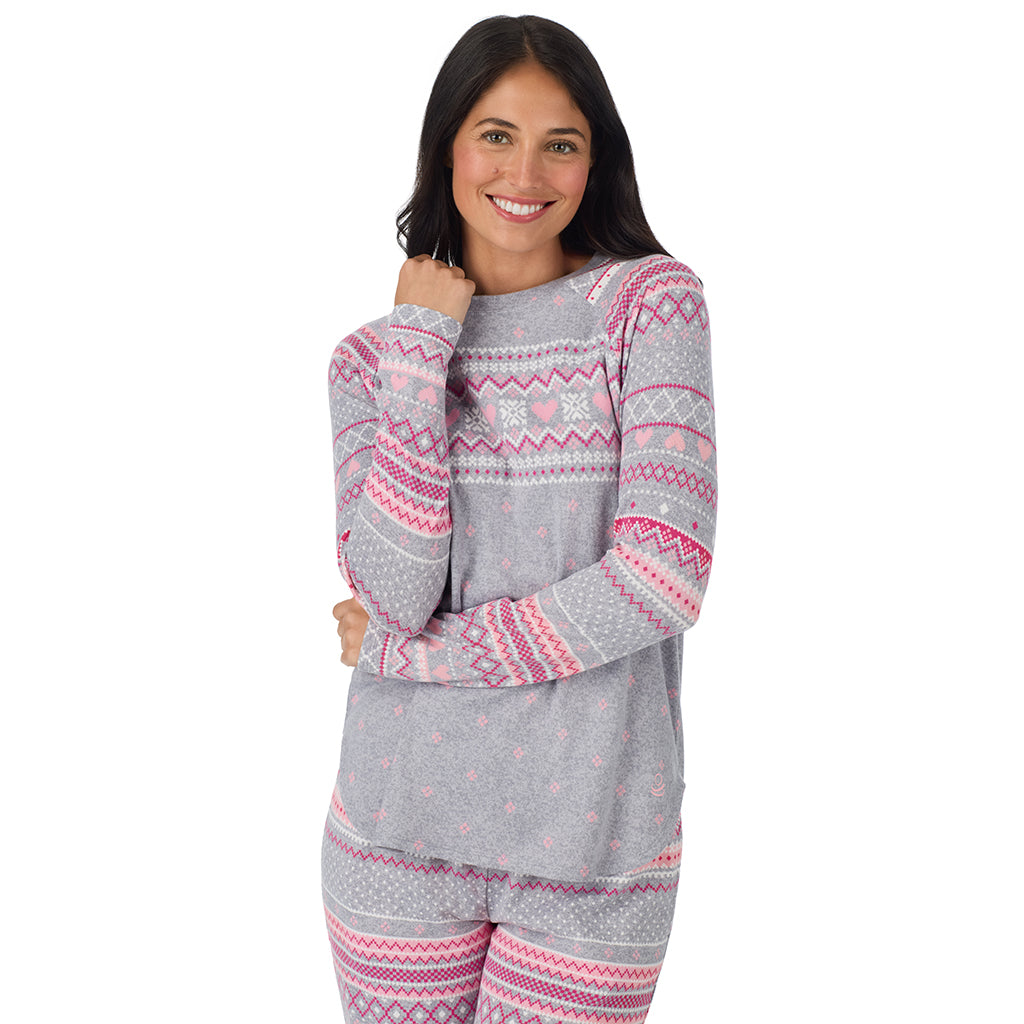 Grey Heart Fairisle; Model is wearing size S. She is 5'8.5", Bust 32", Waist 25", Hips 36". @ A lady wearing Grey Heart Fairisle Brushed Sweater Knit Long Sleeve Jogger Pajama Set in a front view closer look