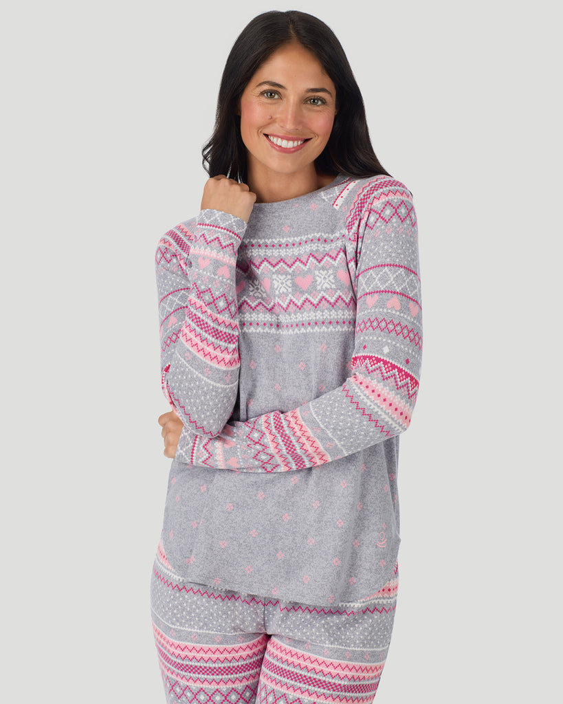  A lady wearing Grey Heart Fairisle Brushed Sweater Knit Long Sleeve Jogger Pajama Set in a front view closer look