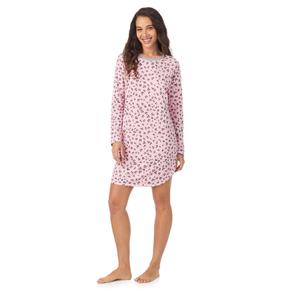 Pink Animal;Model is wearing size S. She is 5’9”, Bust 34”, Waist 23”, Hips 35”.@A lady wearing Pink Animal 
 Brushed Sweater Knit Long Sleeve Sleepshirt