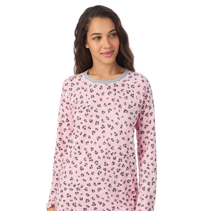 Pink Animal;Model is wearing size S. She is 5’9”, Bust 34”, Waist 23”, Hips 35”.@A lady wearing Pink Animal 
 Brushed Sweater Knit Long Sleeve Sleepshirt