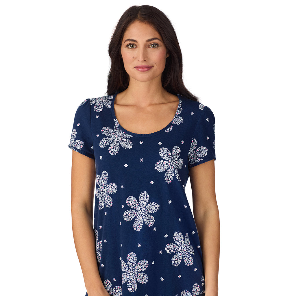 Navy Flower Print; Model is wearing size S. She is 5'8.5", Bust 32", Waist 25", Hips 36". @A lady wearing Cotton-Blend Short Sleeve Top with Short Pajama Set in Navy Flower Print