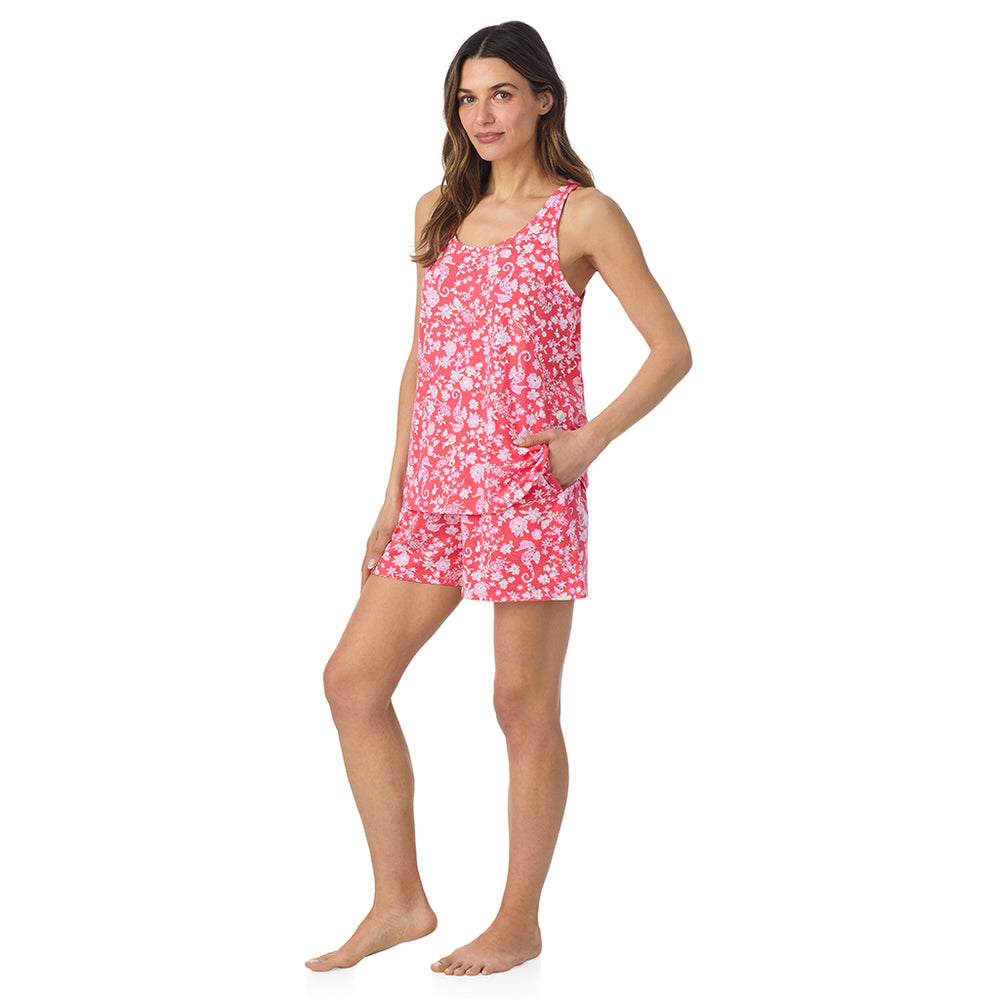 A lady wearing Cotton-Blend Tank with Short 2-Pc Pajama Set in Seahorse posing side angle view pose