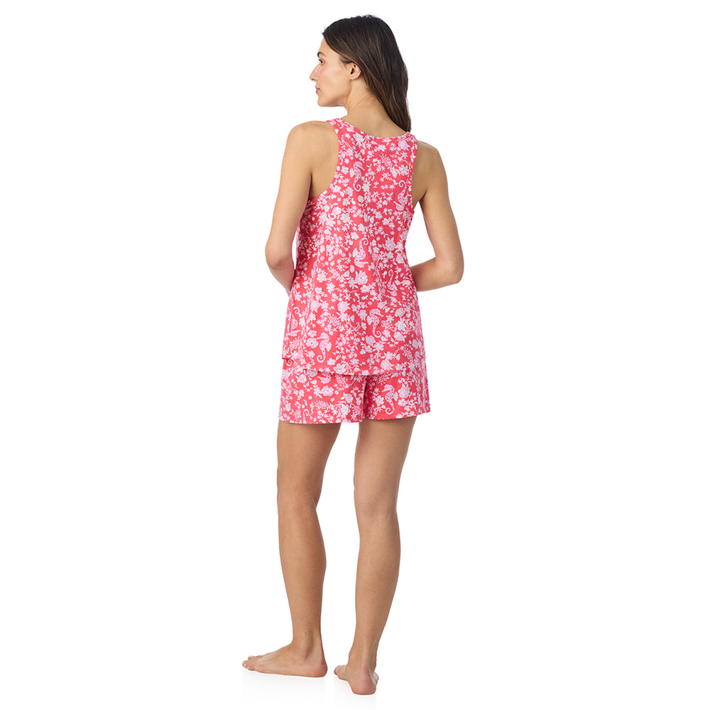 A lady wearing Cotton-Blend Tank with Short 2-Pc Pajama Set in Seahorse posing back view pose