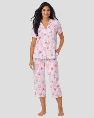 Cotton-Blend Short Sleeve Notch Collar With Cropped Pant Pajama Set