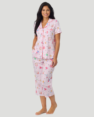 Cotton-Blend Short Sleeve Notch Collar With Cropped Pant Pajama Set