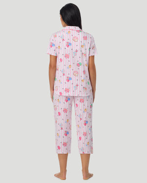 Cotton-Blend Short Sleeve Notch Collar With Cropped Pant Pajama Set