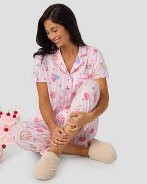 Cotton-Blend Short Sleeve Notch Collar With Cropped Pant Pajama Set