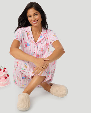 Cotton-Blend Short Sleeve Notch Collar With Cropped Pant Pajama Set