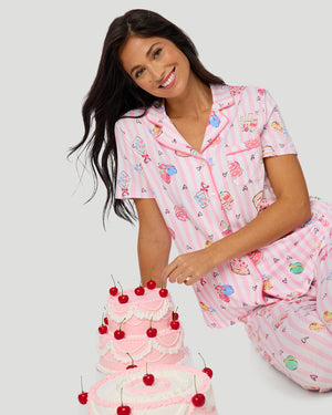 Cotton-Blend Short Sleeve Notch Collar With Cropped Pant Pajama Set
