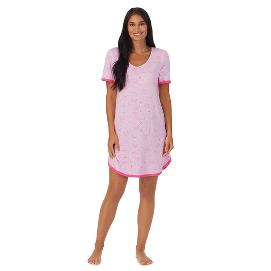 A lady wearing pink Short Sleeve Sleep Shirt