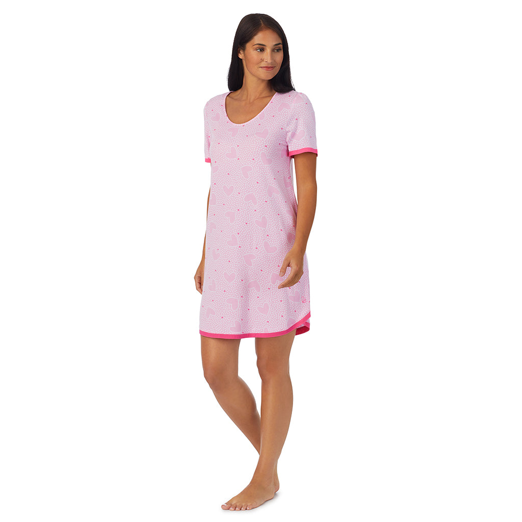 Small Pink Hearts;Model is wearing size S. She is 5'8.5", Bust 32", Waist 25", Hips 36".@A lady wearing pink Short Sleeve Sleep Shirt