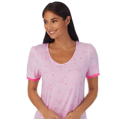 Small Pink Hearts;Model is wearing size S. She is 5'8.5", Bust 32", Waist 25", Hips 36".@A lady wearing pink Short Sleeve Sleep Shirt