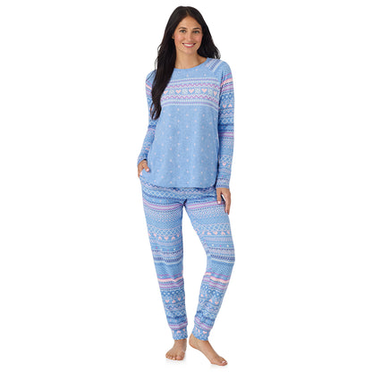  A lady wearing Peri Blue Heart Fairisle Brushed Sweater Knit Long Sleeve Jogger Pajama Set in a front view pose