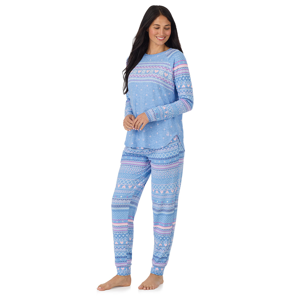  A lady wearing Peri Blue Heart Fairisle Brushed Sweater Knit Long Sleeve Jogger Pajama Set in a front view standing pose