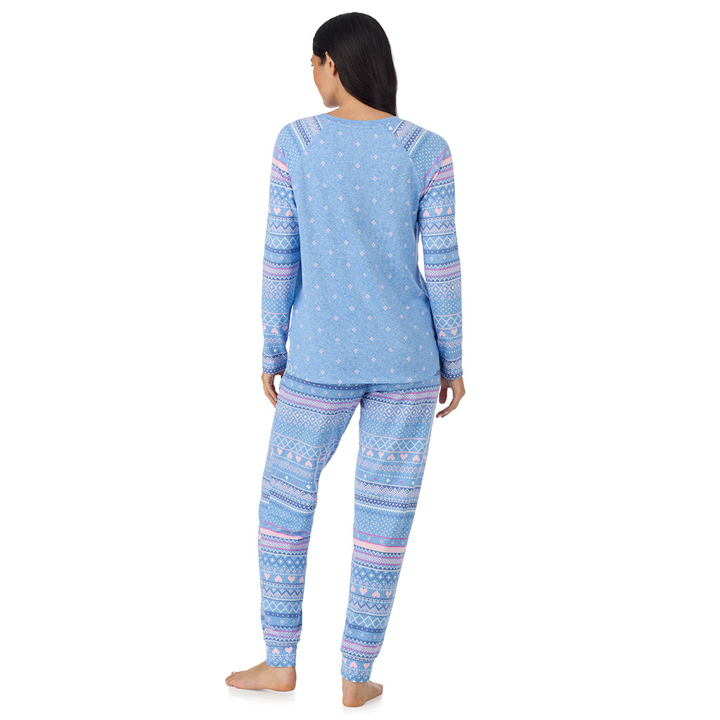  A lady wearing Peri Blue Heart Fairisle Brushed Sweater Knit Long Sleeve Jogger Pajama Set in a back view pose