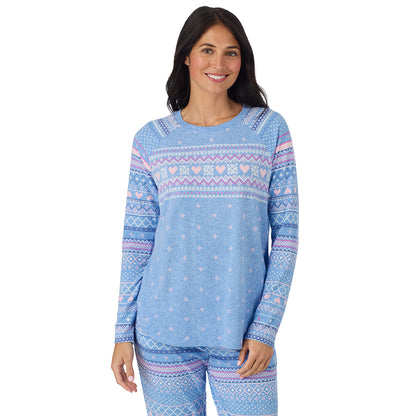  A lady wearing Peri Blue Heart Fairisle Brushed Sweater Knit Long Sleeve Jogger Pajama Set in a front view closer look