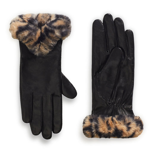 Black Multi;@Leather Glove with Printed Faux Fur Cuff