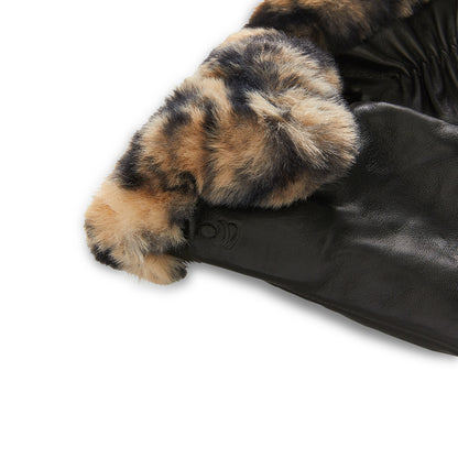 Black Multi;@Leather Glove with Printed Faux Fur Cuff