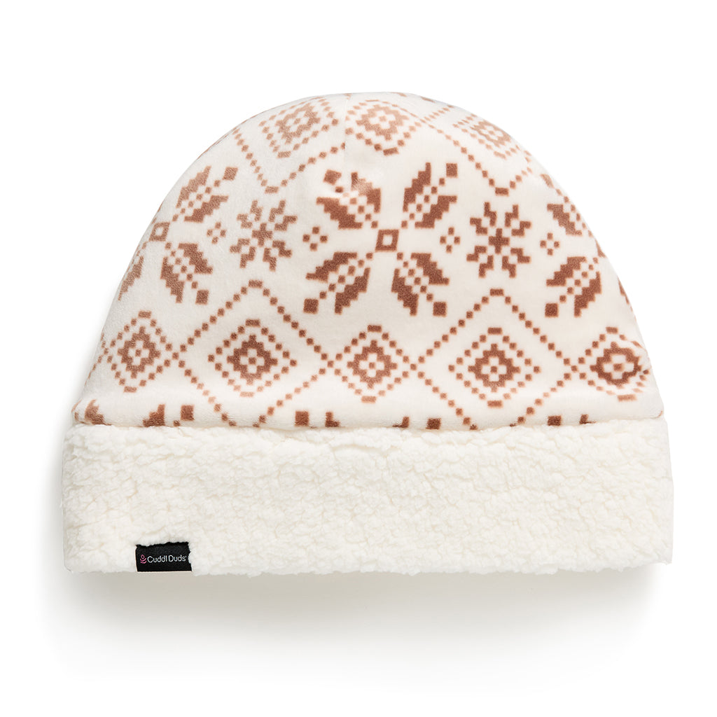 Fairisle Ivory; @Double Plush Velour Hat with Sherpa Cuff