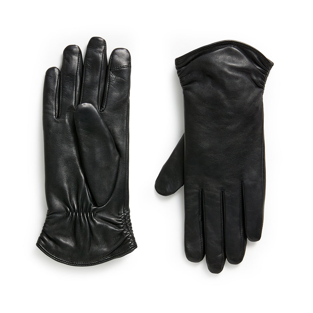 Black;@Ruched Leather Touchscreen Gloves