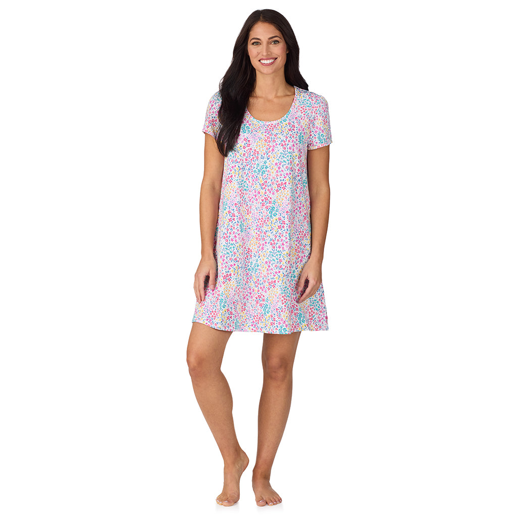 Ditsy Floral Print; Model is wearing size S. She is 5'8.5", Bust 32", Waist 25", Hips 36". @A lady wearing Cotton-Blend Short Sleeve Sleep Shirt with Scallop Detail in Ditsy Floral Print