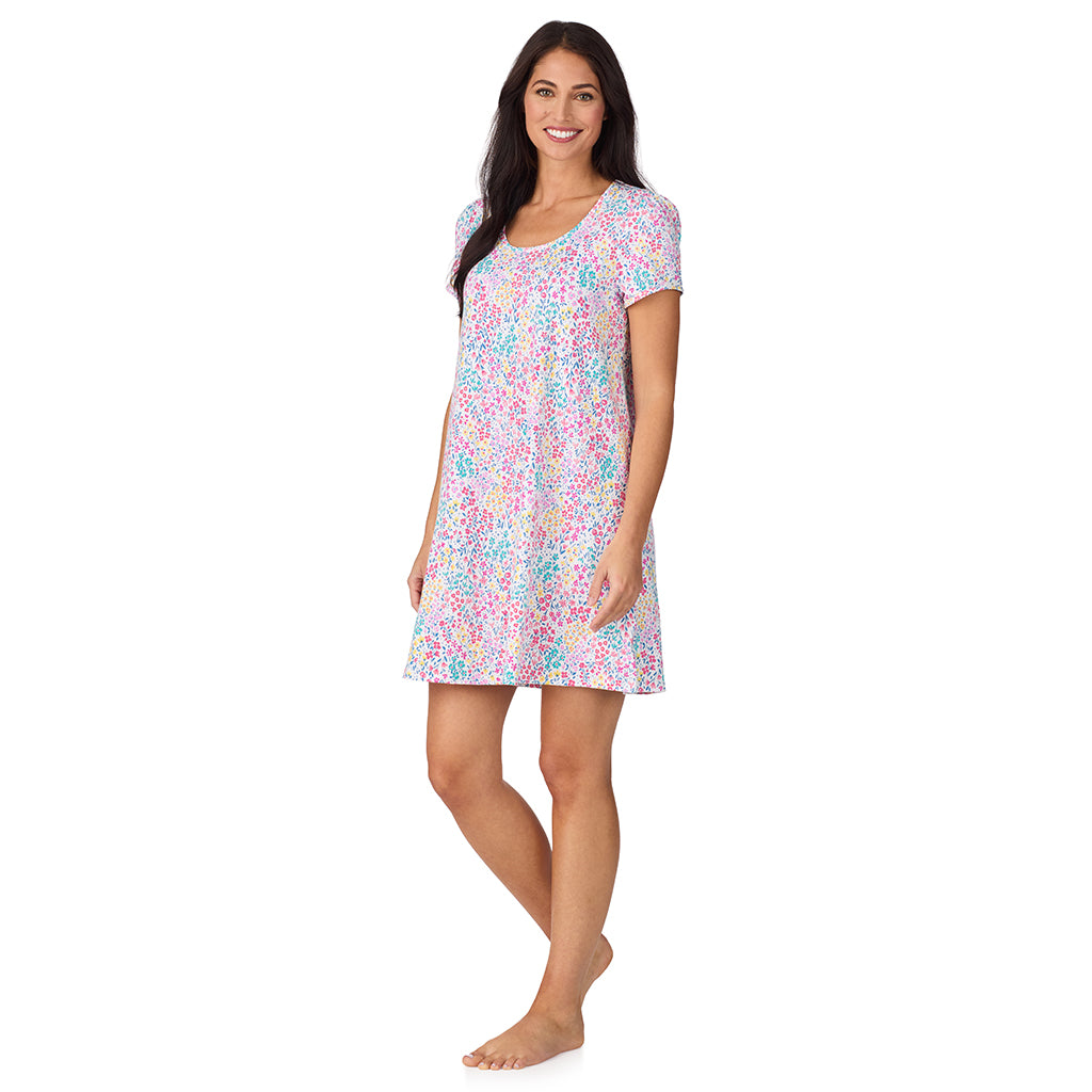Ditsy Floral Print; Model is wearing size S. She is 5'8.5", Bust 32", Waist 25", Hips 36". @A lady wearing Cotton-Blend Short Sleeve Sleep Shirt with Scallop Detail in Ditsy Floral Print