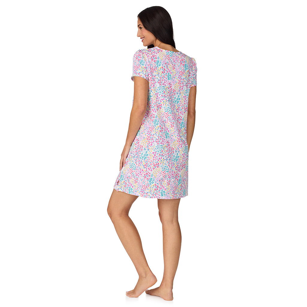 Ditsy Floral Print; Model is wearing size S. She is 5'8.5", Bust 32", Waist 25", Hips 36". @A lady wearing Cotton-Blend Short Sleeve Sleep Shirt with Scallop Detail in Ditsy Floral Print