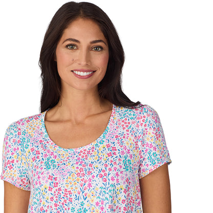A lady wearing Cotton-Blend Short Sleeve Sleep Shirt with Scallop Detail in Ditsy Floral Print
