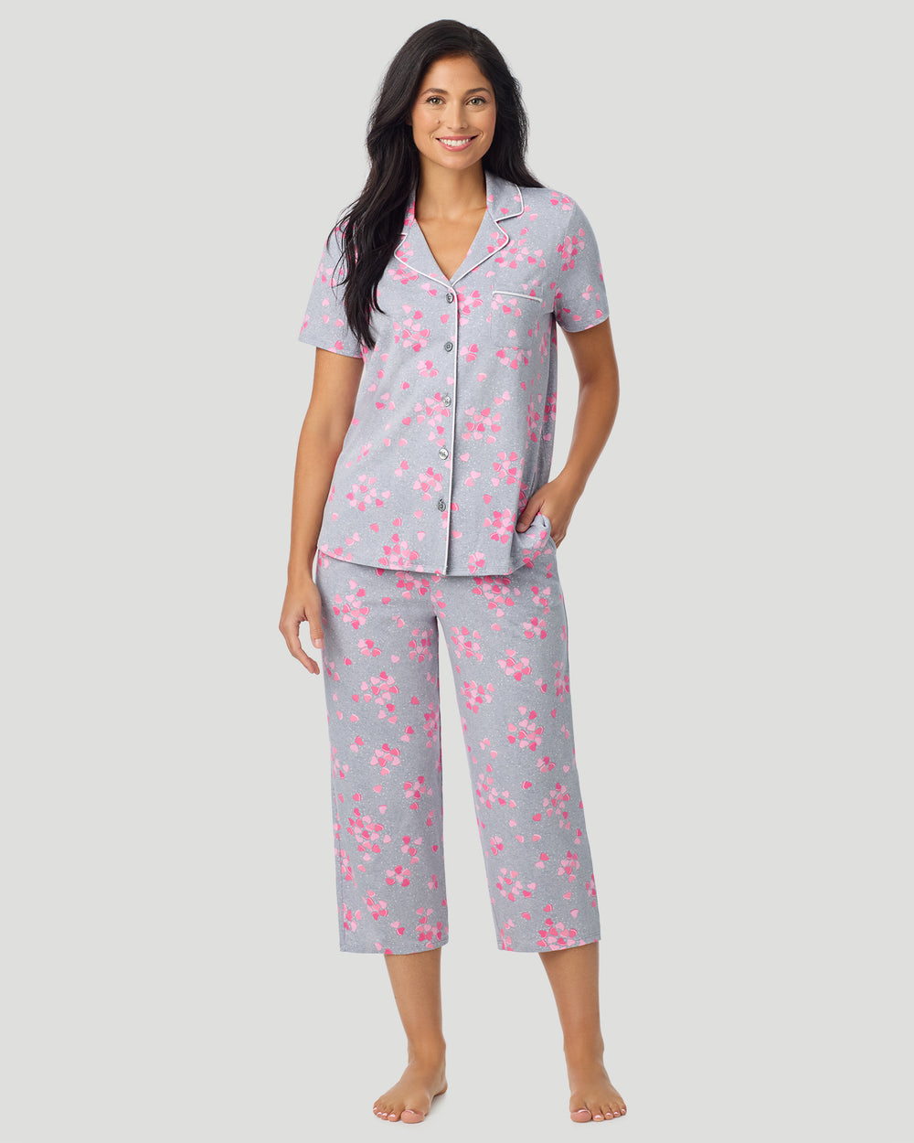 Cotton-Blend Short Sleeve Notch Collar With Cropped Pant Pajama Set