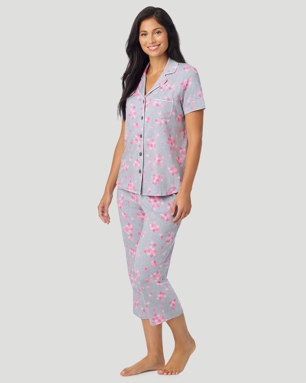 Cotton-Blend Short Sleeve Notch Collar With Cropped Pant Pajama Set