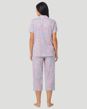Cotton-Blend Short Sleeve Notch Collar With Cropped Pant Pajama Set