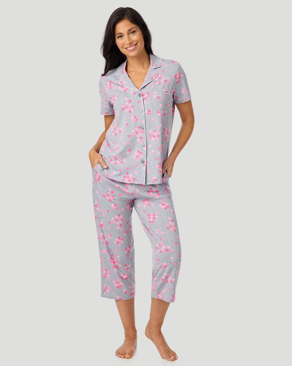 Cotton-Blend Short Sleeve Notch Collar With Cropped Pant Pajama Set